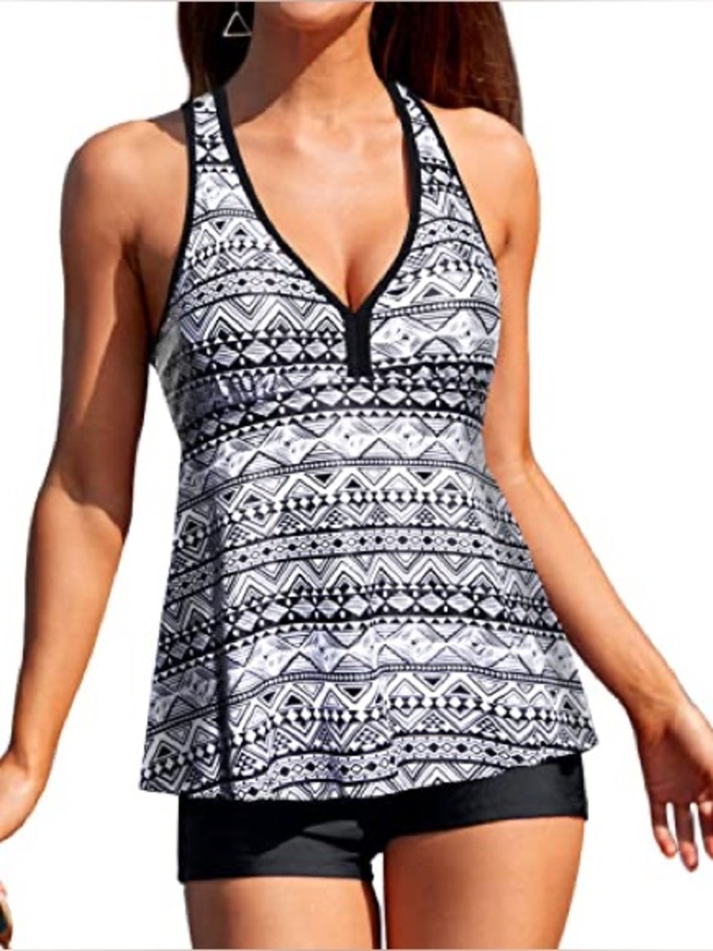 NWT Tempt Me Tribal Print Tankini Swim Top XXL Black White Racerback V Neck